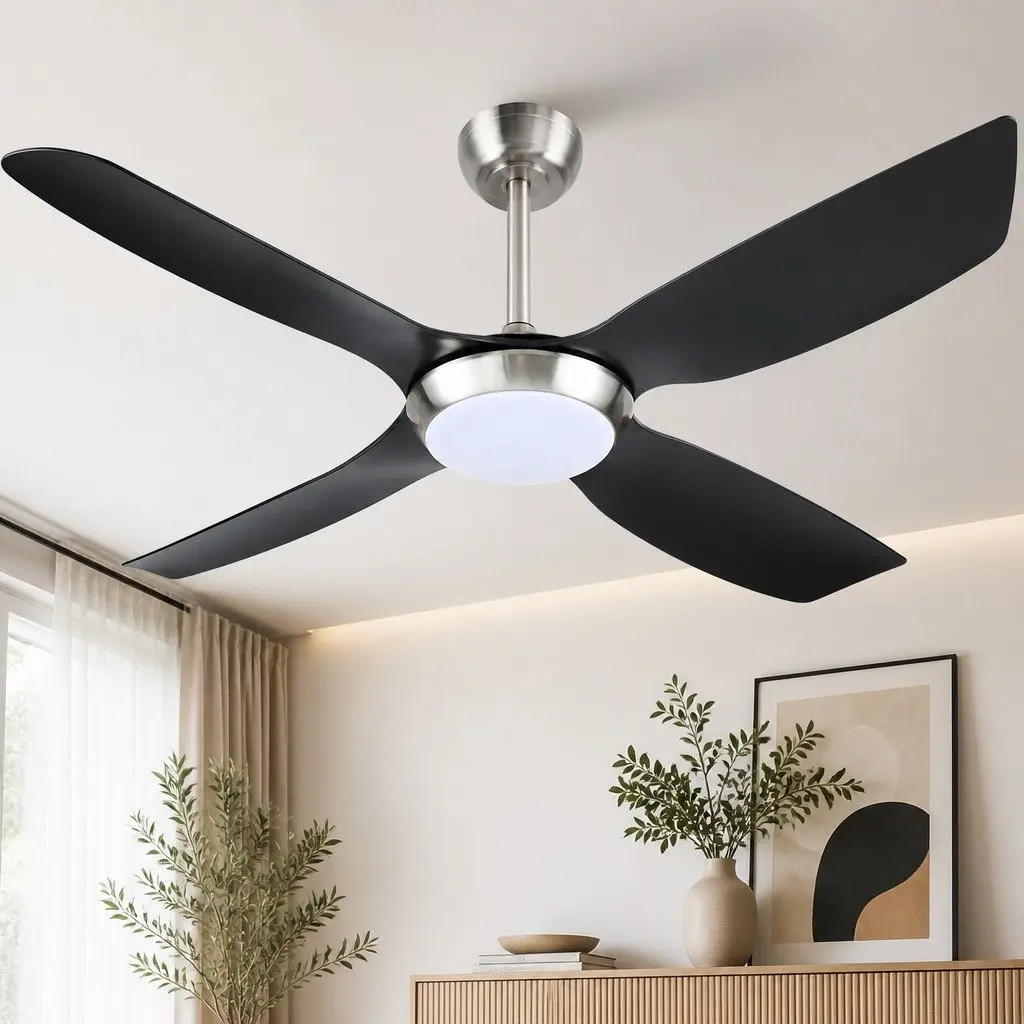 Ceiling Fan Black Silver 52 Inch DC Motor LED Light Remote Control 5 Speed
