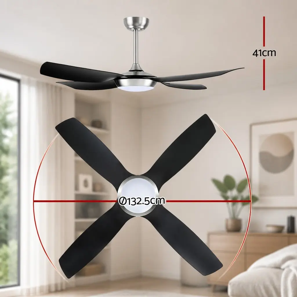 Ceiling Fan Black Silver 52 Inch DC Motor LED Light Remote Control 5 Speed