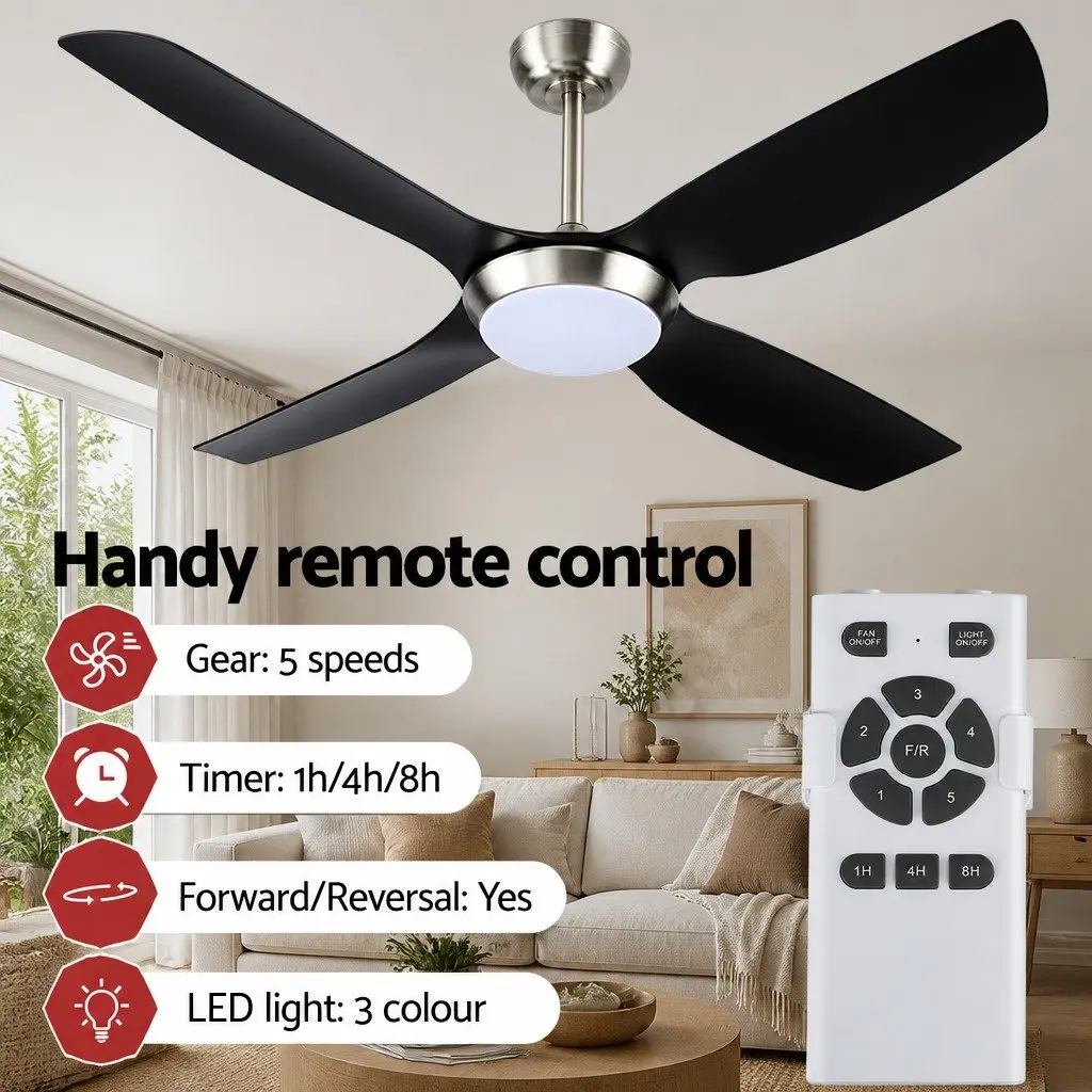 Ceiling Fan Black Silver 52 Inch DC Motor LED Light Remote Control 5 Speed