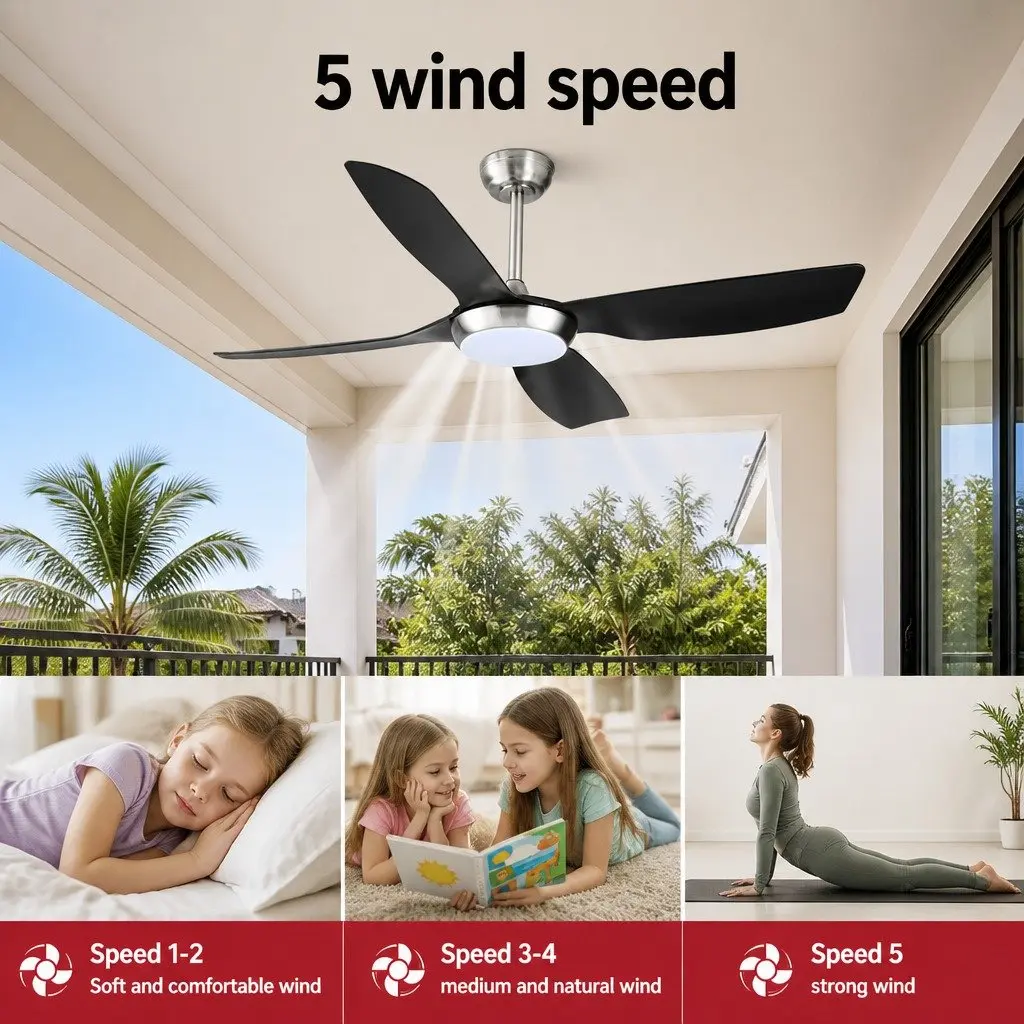 Ceiling Fan Black Silver 52 Inch DC Motor LED Light Remote Control 5 Speed
