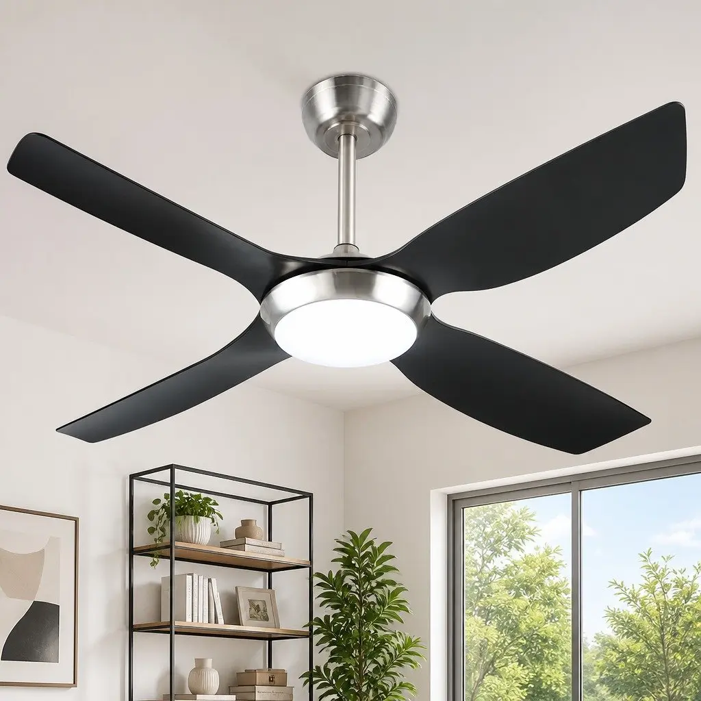 Ceiling Fan Black Silver 52 Inch DC Motor LED Light Remote Control 5 Speed