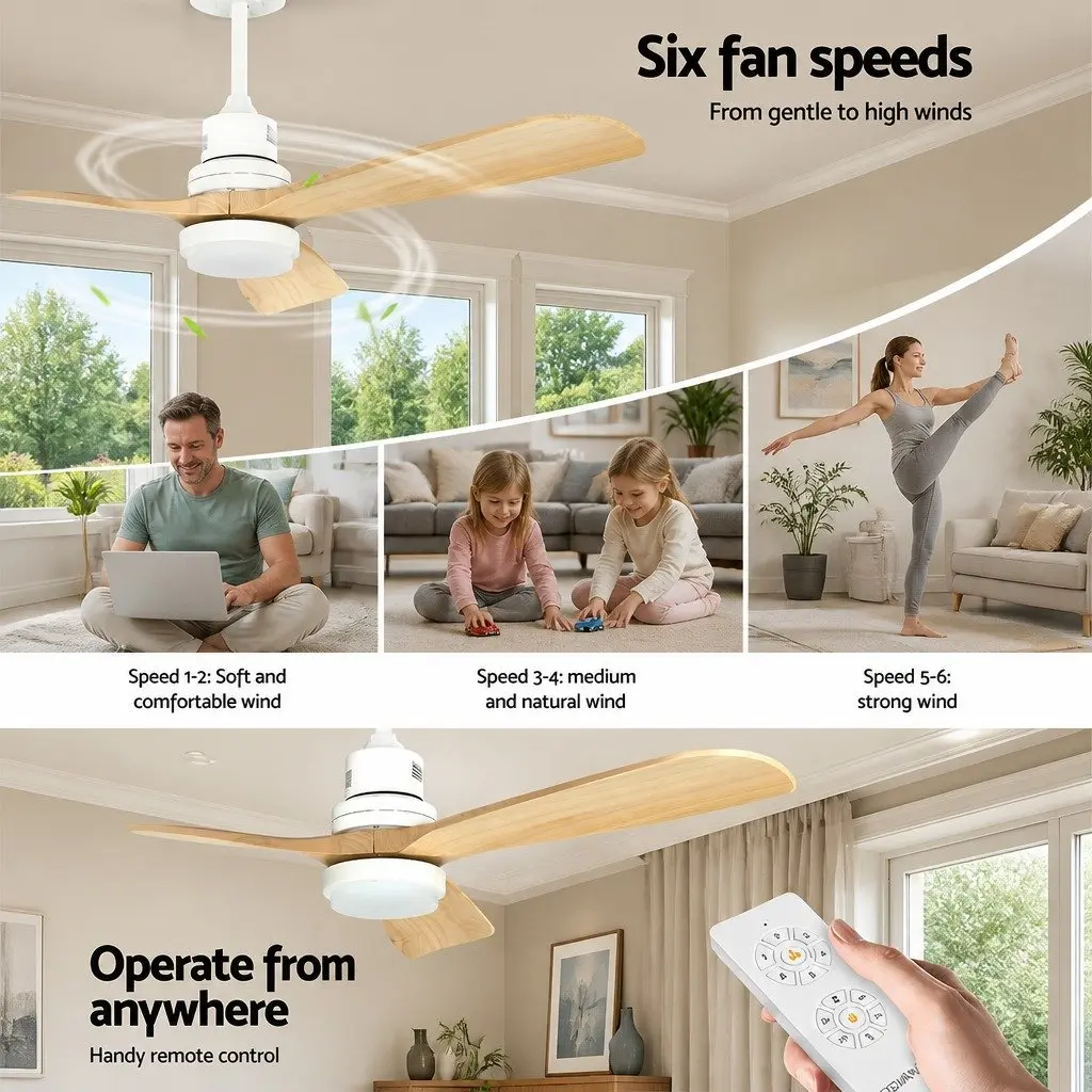 Ceiling Fan 52 Inch Wood Blades DC Motor LED Light Remote Control Indoor