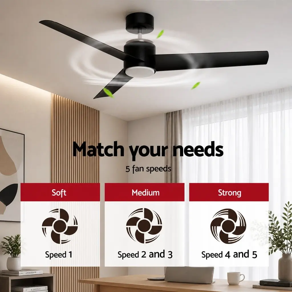 Ceiling Fan Black 52 Inch DC Motor LED Light Remote Control Indoor Outdoor