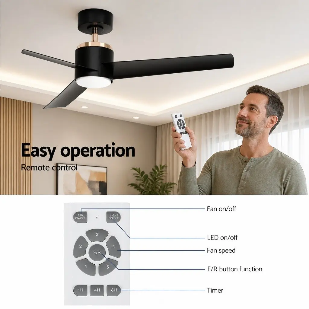 Ceiling Fan Black 52 Inch DC Motor LED Light Remote Control Indoor Outdoor