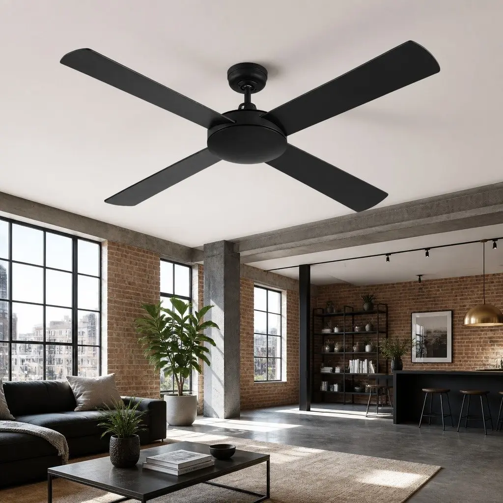 Ceiling Fan Black 52 Inch DC Motor 4 Wooden Blades Remote Control Indoor