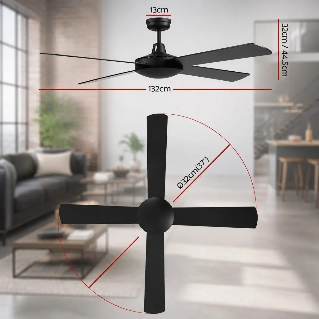 Ceiling Fan Black 52 Inch DC Motor 4 Wooden Blades Remote Control Indoor