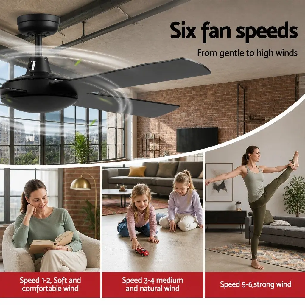 Ceiling Fan Black 52 Inch DC Motor 4 Wooden Blades Remote Control Indoor