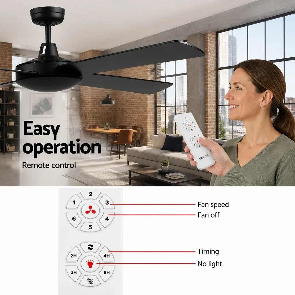 Ceiling Fan Black 52 Inch DC Motor 4 Wooden Blades Remote Control Indoor