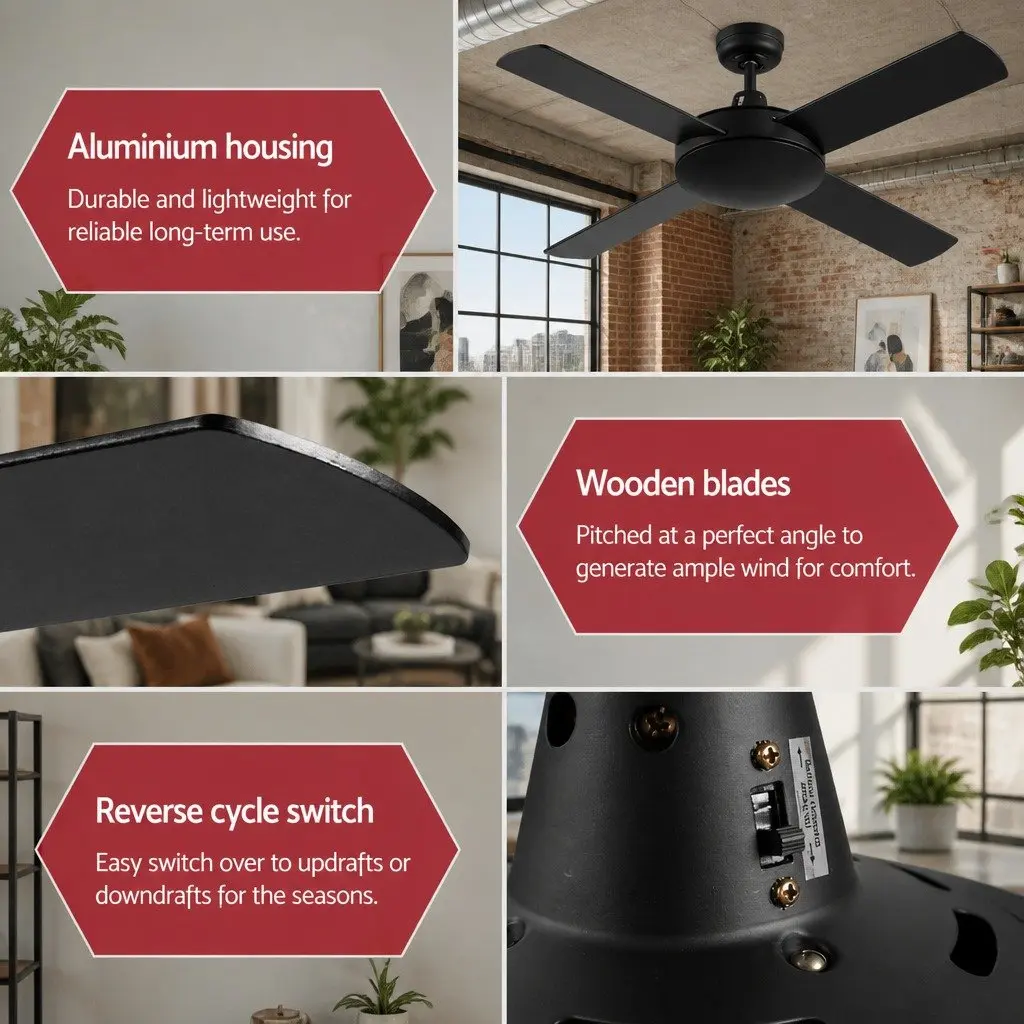 Ceiling Fan Black 52 Inch DC Motor 4 Wooden Blades Remote Control Indoor