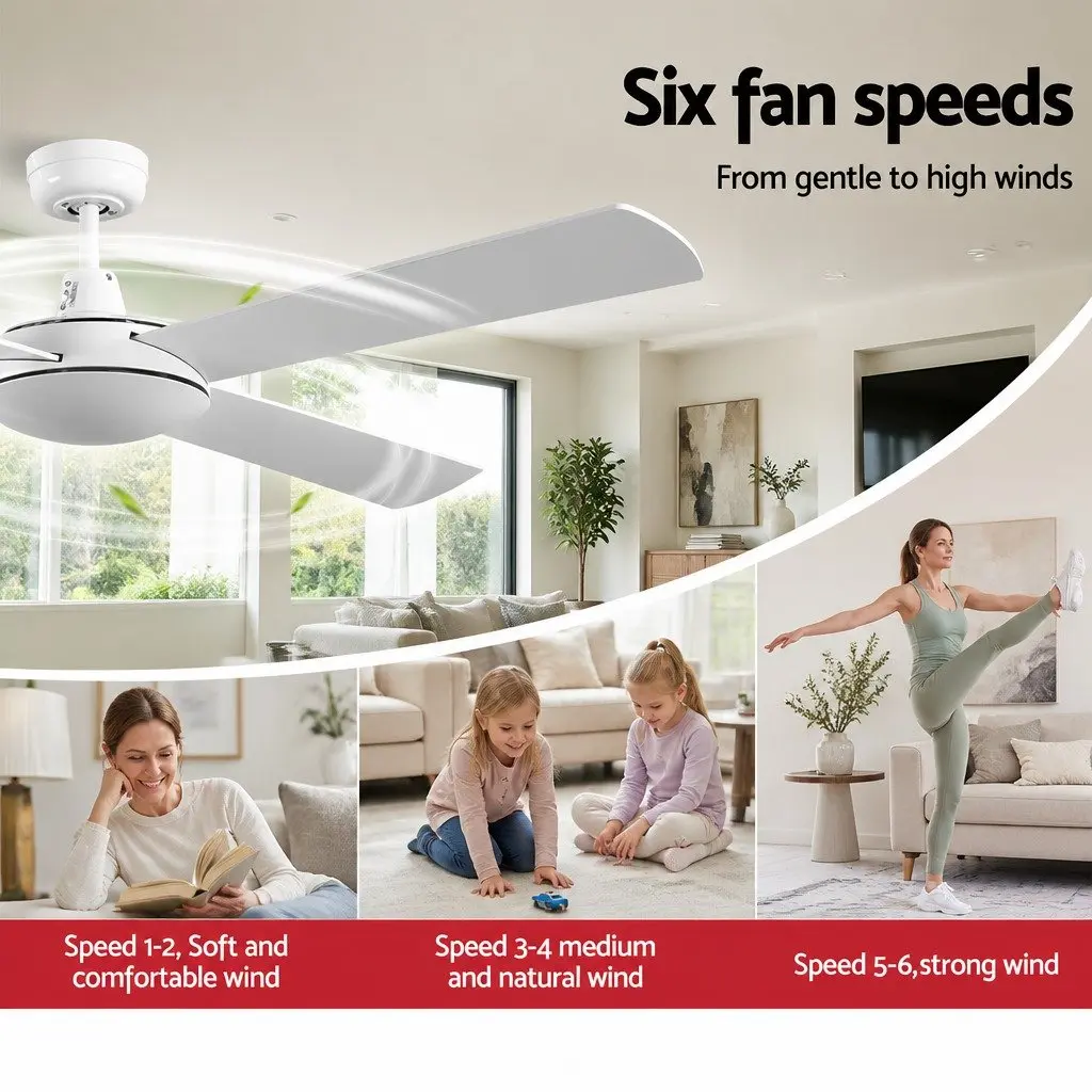 Ceiling Fan White 52 Inch DC Motor 4 Wooden Blades Remote Control 6 Speed
