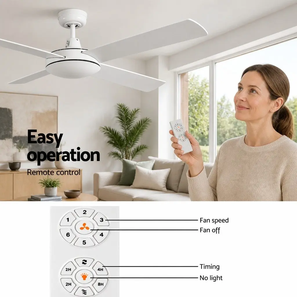 Ceiling Fan White 52 Inch DC Motor 4 Wooden Blades Remote Control 6 Speed