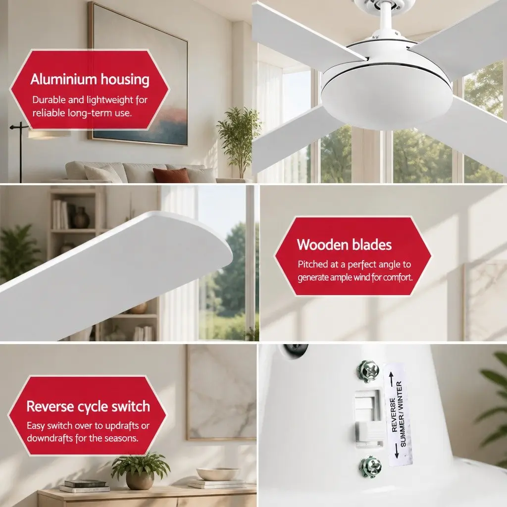Ceiling Fan White 52 Inch DC Motor 4 Wooden Blades Remote Control 6 Speed