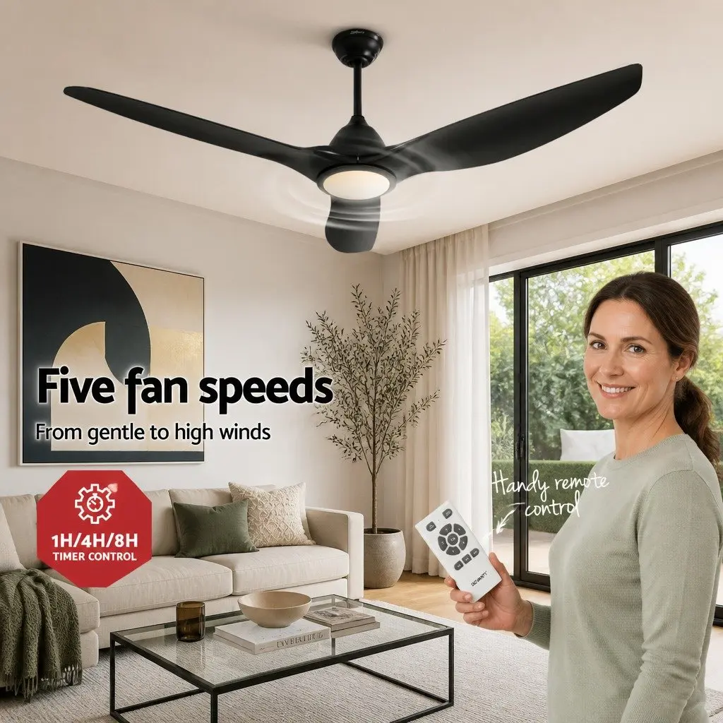 Ceiling Fan Black 64 Inch DC Motor LED Light Remote Control 5 Speed Reverse Cycle