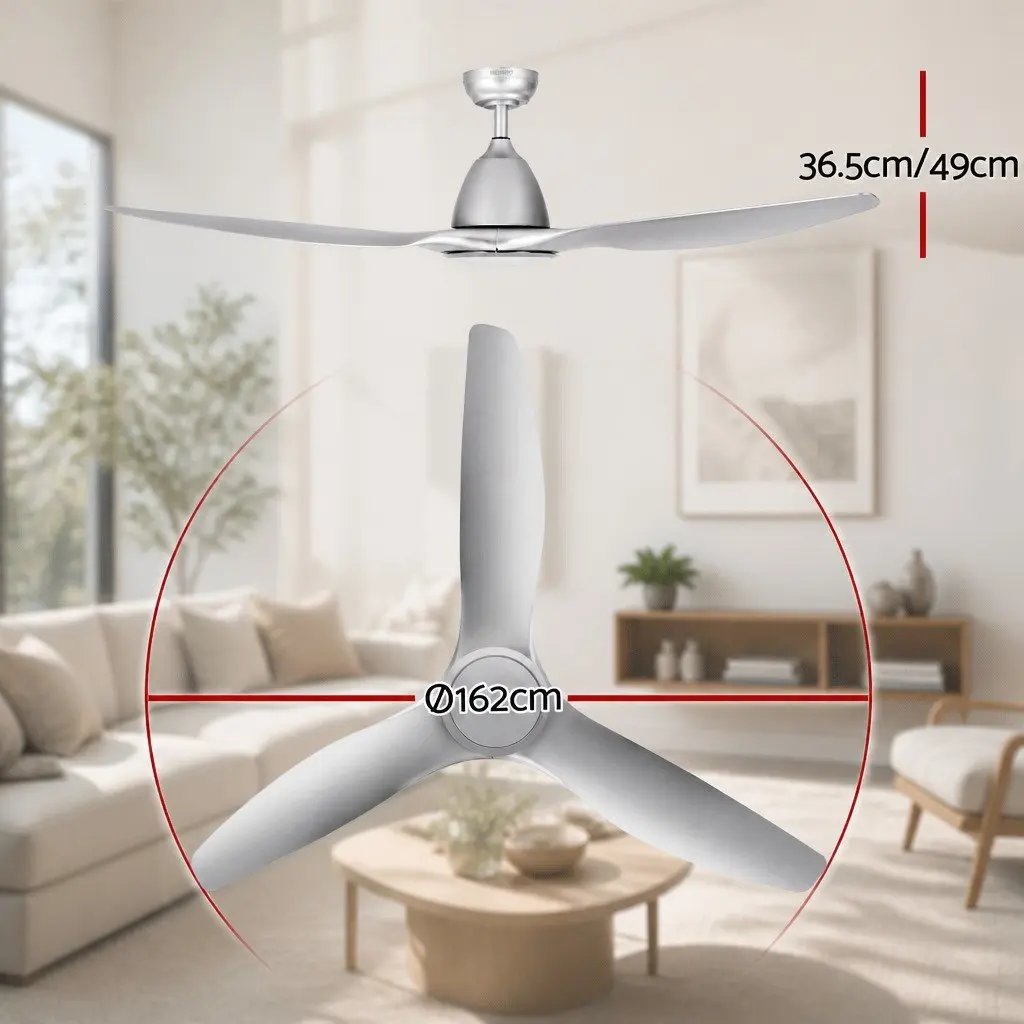 Ceiling Fan Silver 64 Inch DC Motor LED Light Remote Control 5 Speed