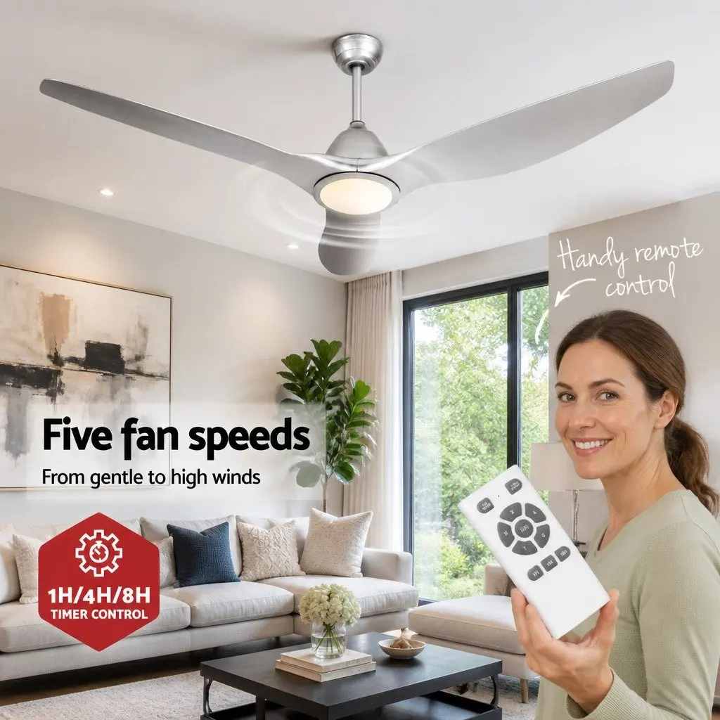 Ceiling Fan Silver 64 Inch DC Motor LED Light Remote Control 5 Speed