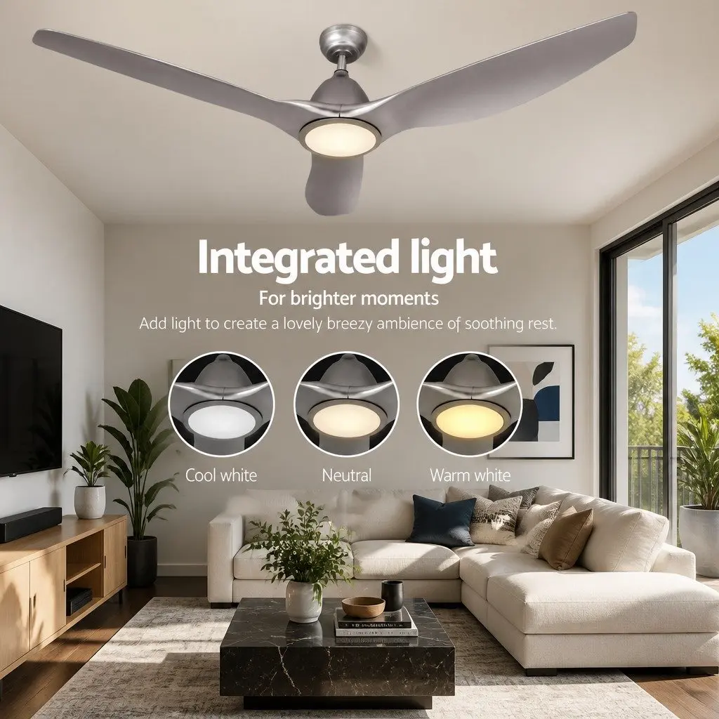 Ceiling Fan Silver 64 Inch DC Motor LED Light Remote Control 5 Speed