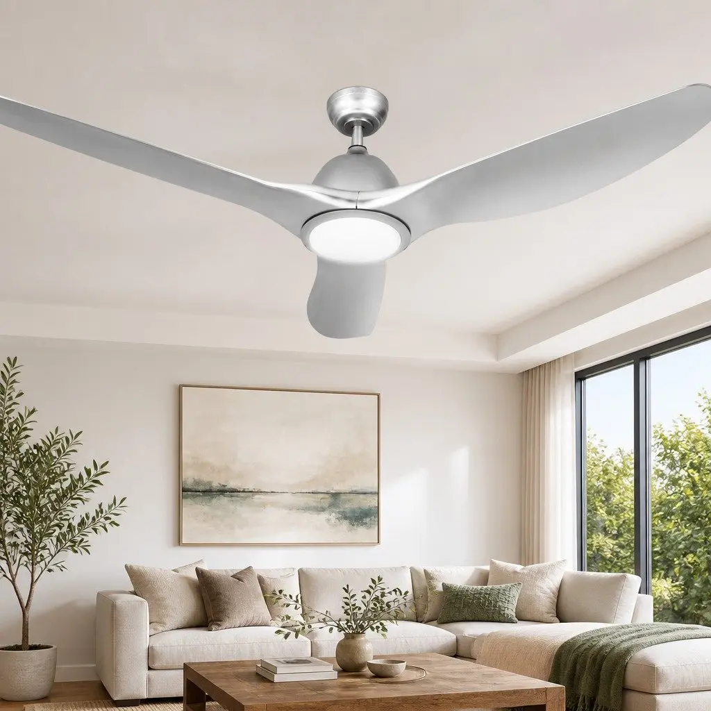 Ceiling Fan Silver 64 Inch DC Motor LED Light Remote Control 5 Speed