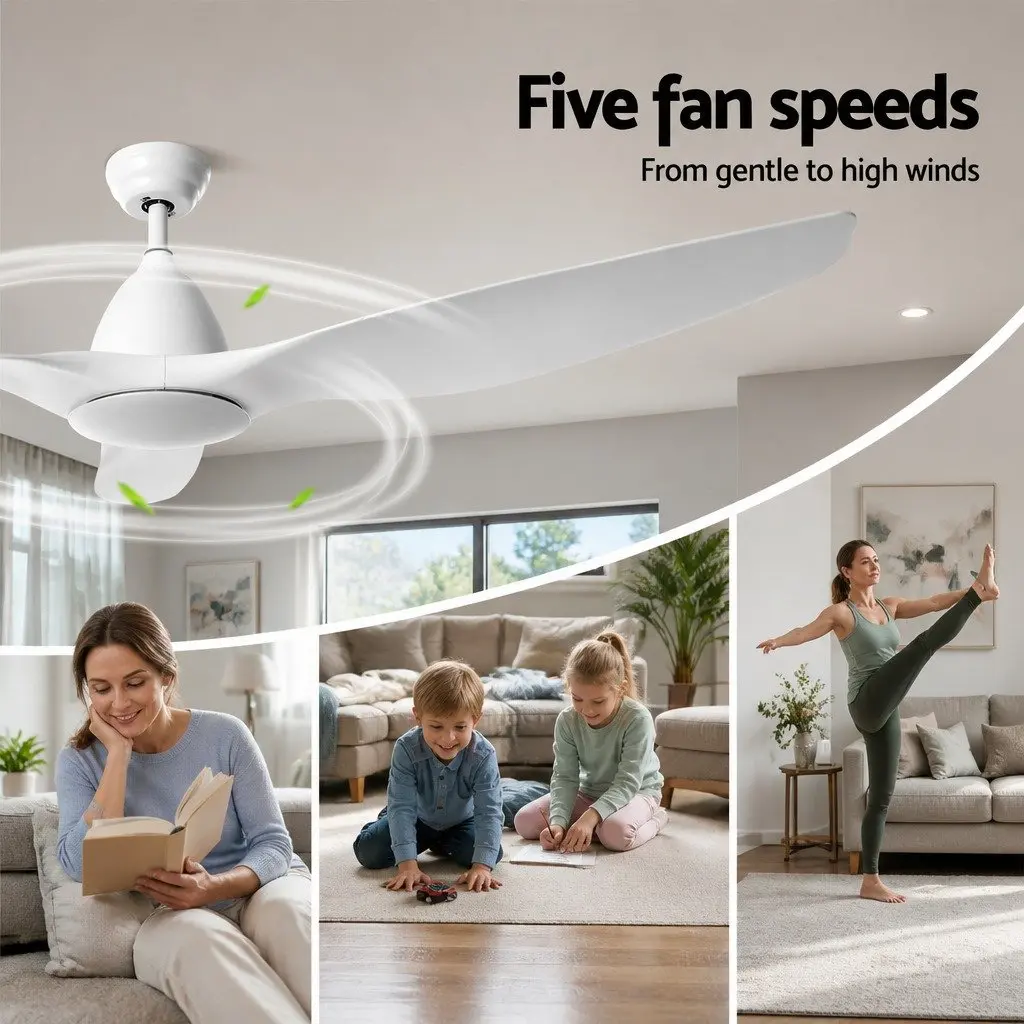 Ceiling Fan 64 Inch White DC Motor LED Light Remote Control 5 Speed Indoor Outdoor