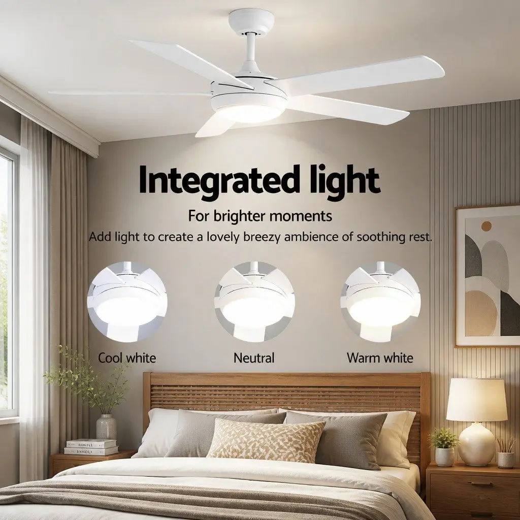 52 Inch Ceiling Fan White 5 Blades DC Motor LED Light Remote Control