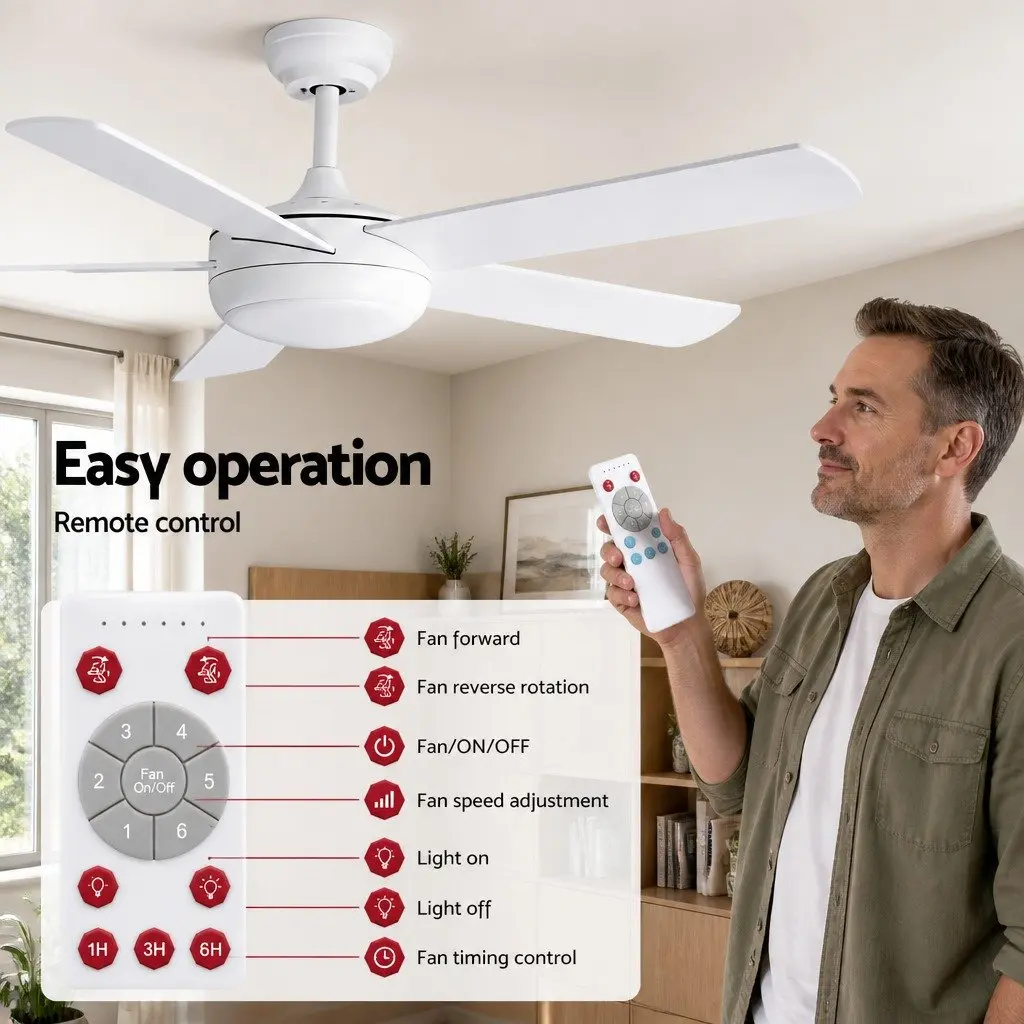 52 Inch Ceiling Fan White 5 Blades DC Motor LED Light Remote Control