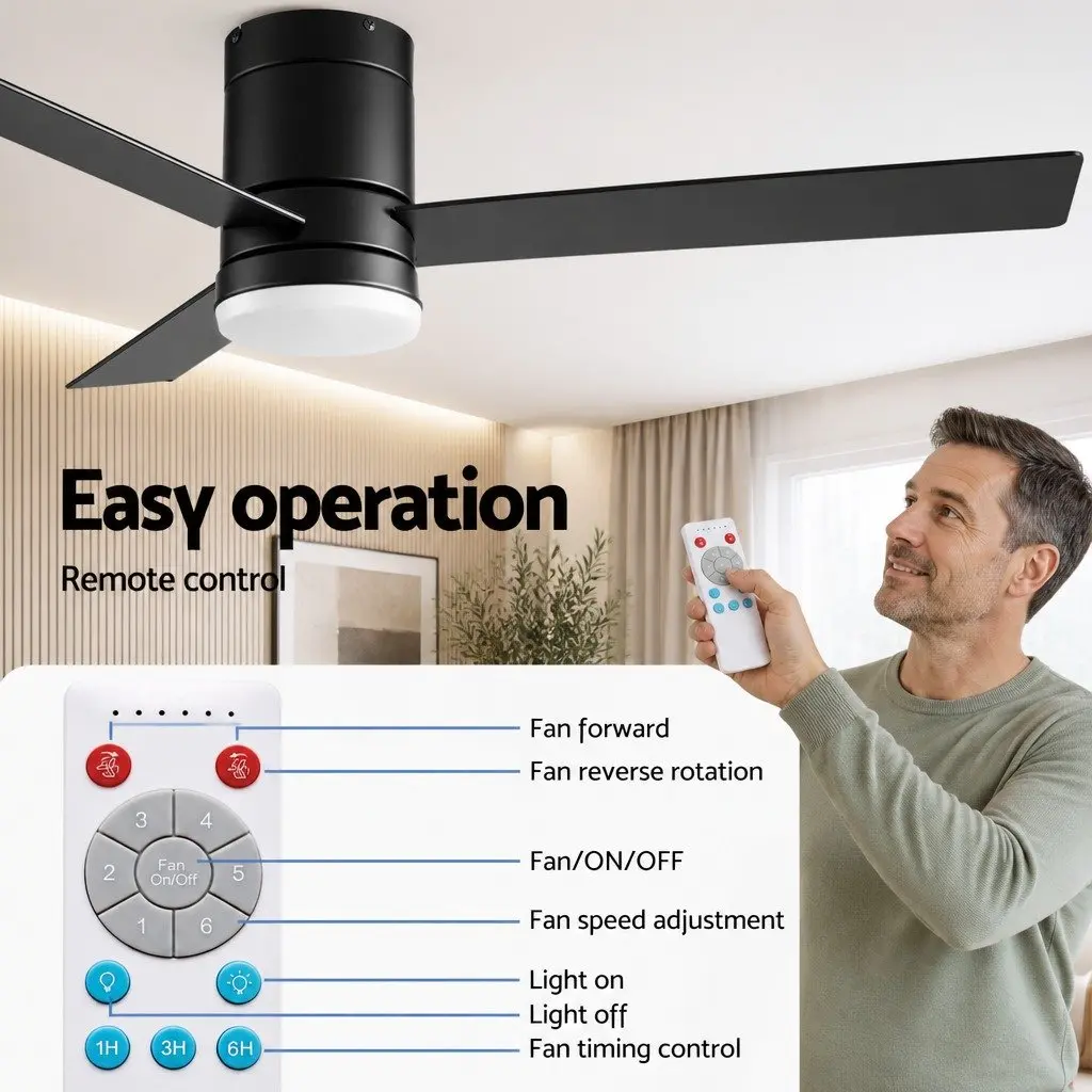 Ceiling Fan Black 52 Inch 3 Blade DC Motor LED Light Remote Control Reverse Airflow