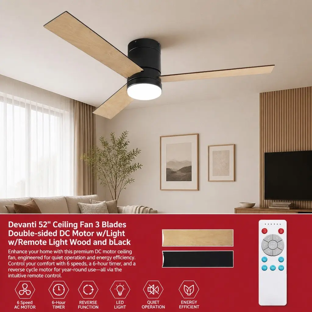 Ceiling Fan Black 52 Inch 3 Blade DC Motor LED Light Remote Control Reverse Airflow