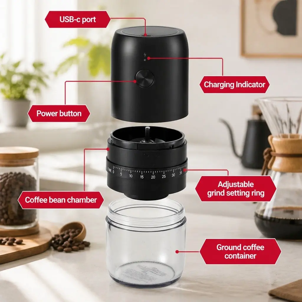 Electric Coffee Grinder Black Portable USB-C Rechargeable 40 Grind Settings