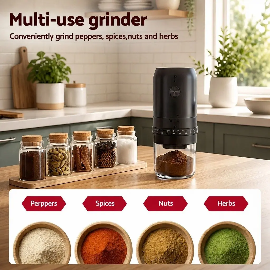 Electric Coffee Grinder Black Portable USB-C Rechargeable 40 Grind Settings