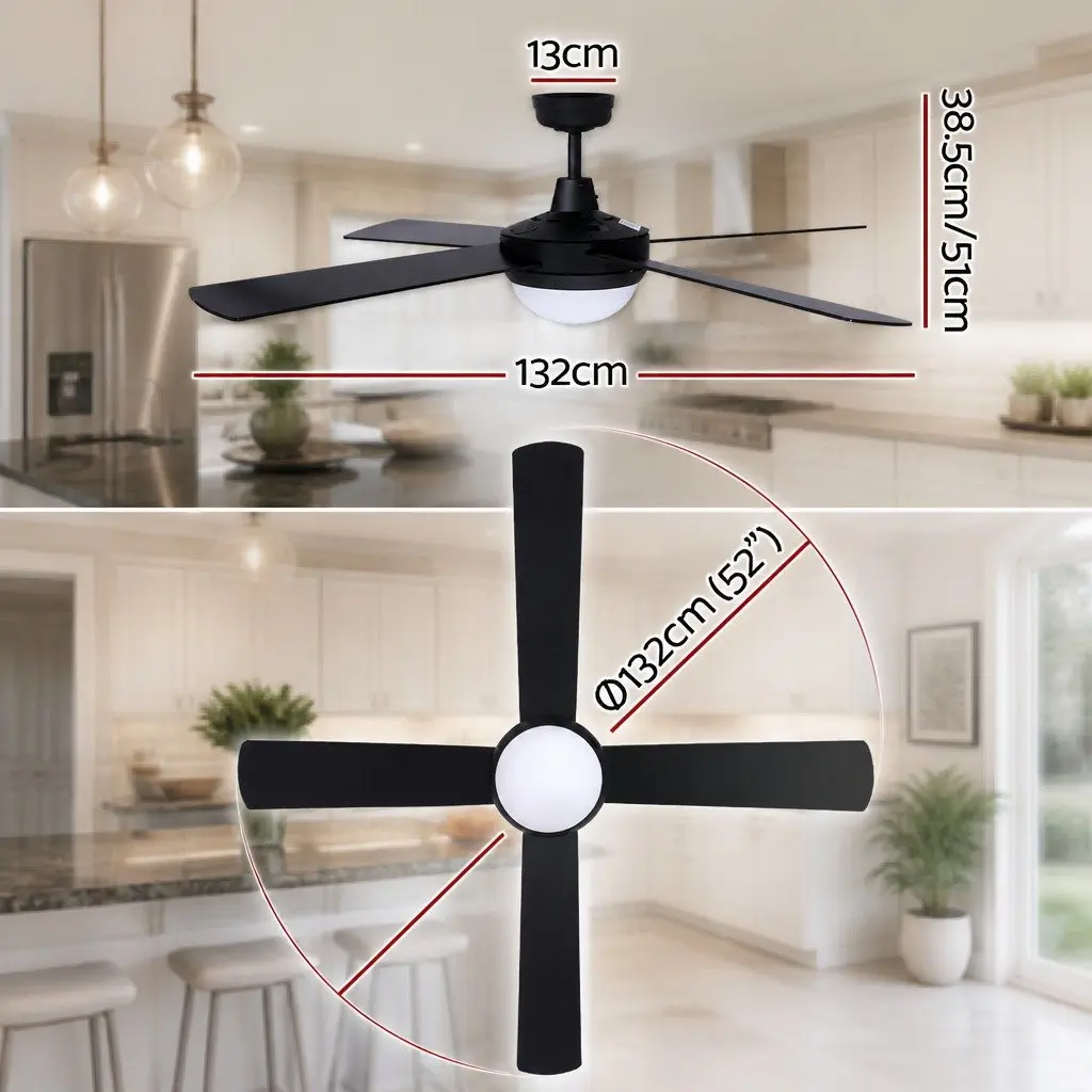Ceiling Fan Black 52 Inch DC Motor LED Light Remote Control 6 Speed Reverse