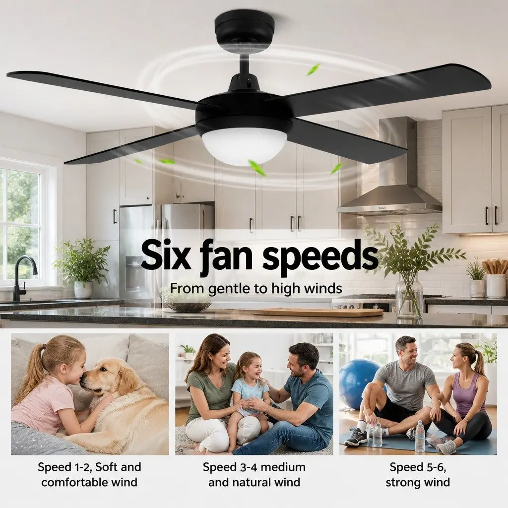 Ceiling Fan Black 52 Inch DC Motor LED Light Remote Control 6 Speed Reverse