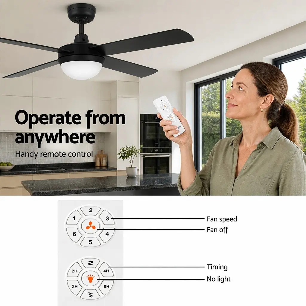Ceiling Fan Black 52 Inch DC Motor LED Light Remote Control 6 Speed Reverse
