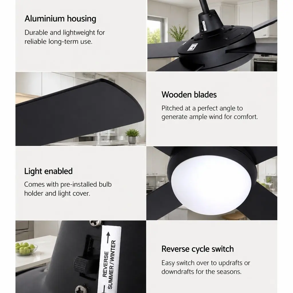 Ceiling Fan Black 52 Inch DC Motor LED Light Remote Control 6 Speed Reverse