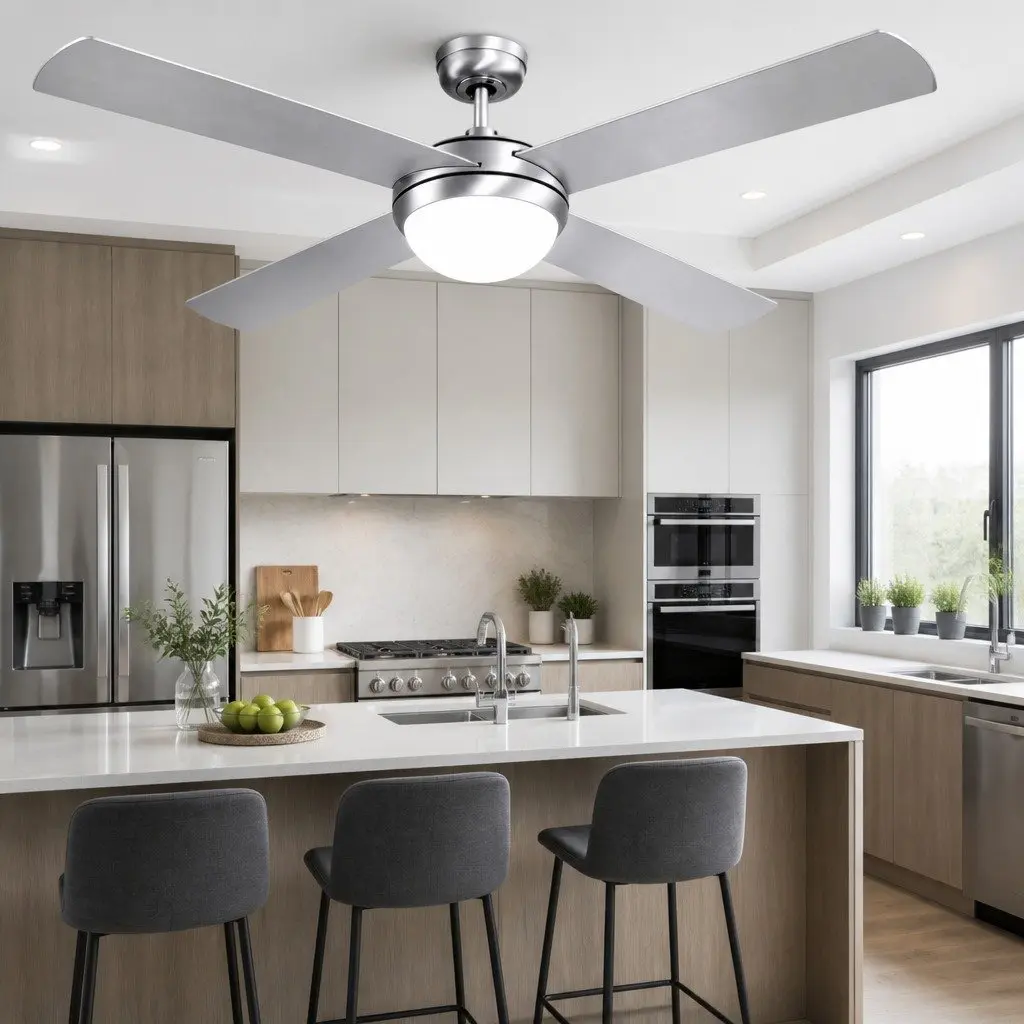 Ceiling Fan Silver 52 Inch DC Motor LED Light Remote Control Indoor Outdoor
