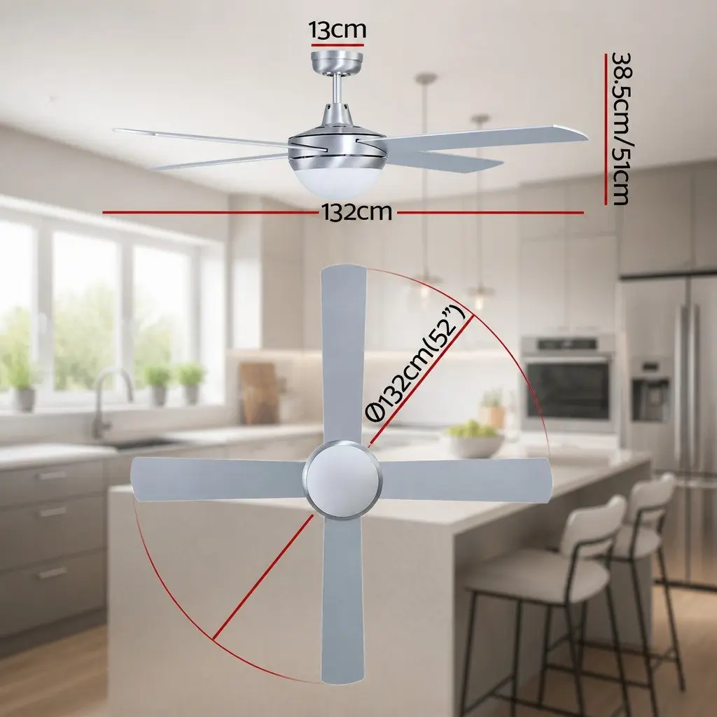 Ceiling Fan Silver 52 Inch DC Motor LED Light Remote Control Indoor Outdoor
