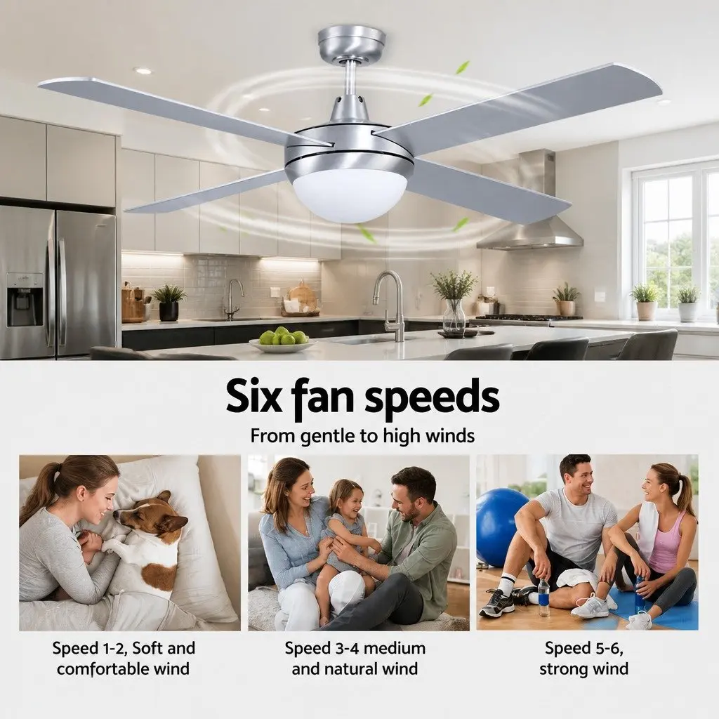 Ceiling Fan Silver 52 Inch DC Motor LED Light Remote Control Indoor Outdoor