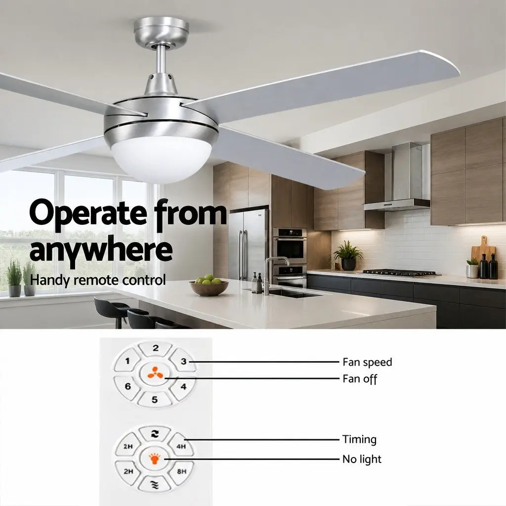 Ceiling Fan Silver 52 Inch DC Motor LED Light Remote Control Indoor Outdoor