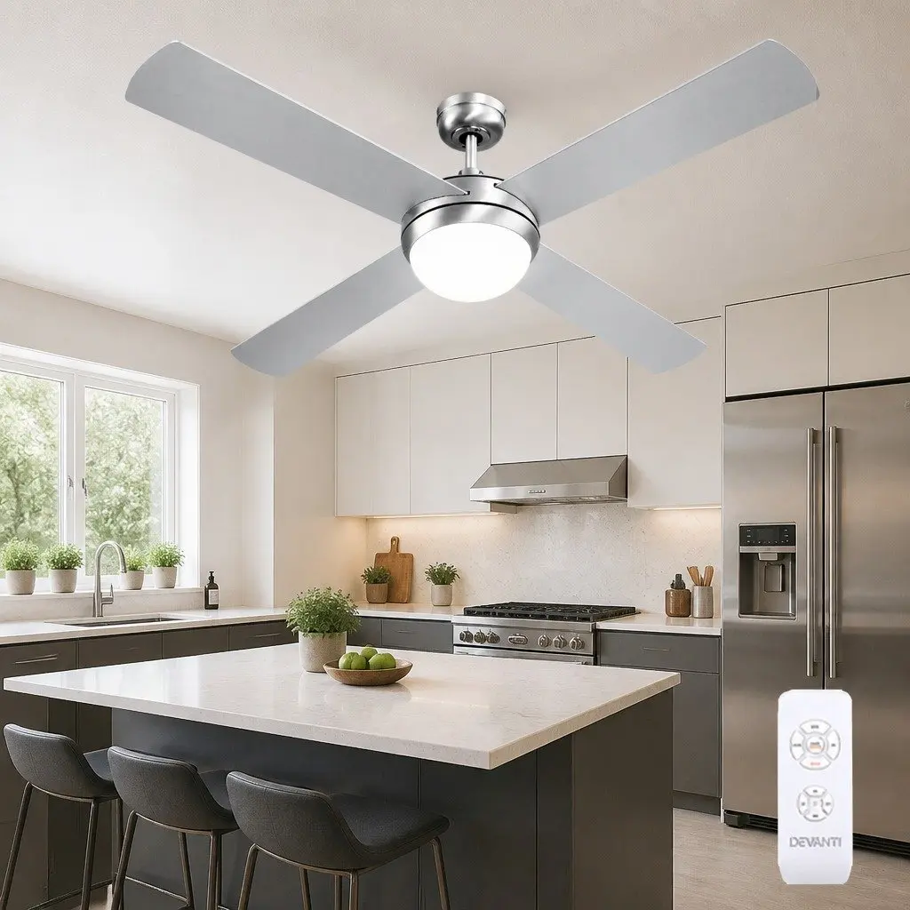Ceiling Fan Silver 52 Inch DC Motor LED Light Remote Control Indoor Outdoor