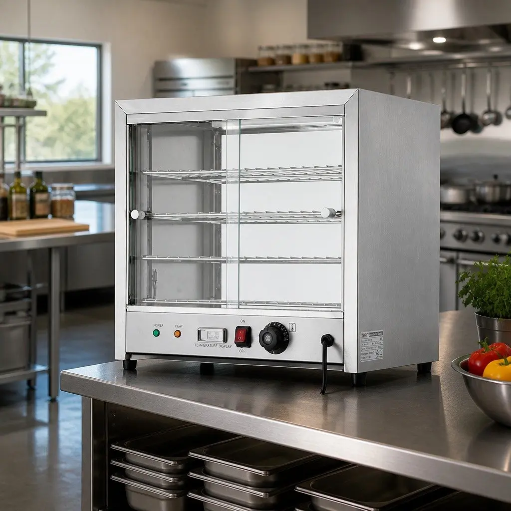 Commercial Food Warmer Display Cabinet Silver 54cm 4-Tier Heated Showcase with Adjustable Thermostat and Rear Sliding Glass Door