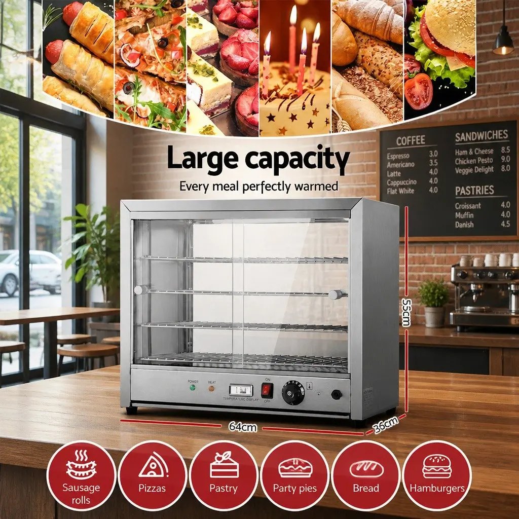 Commercial Food Warmer Silver 64cm 4-Tier Stainless Steel Showcase with Adjustable Temperature Control