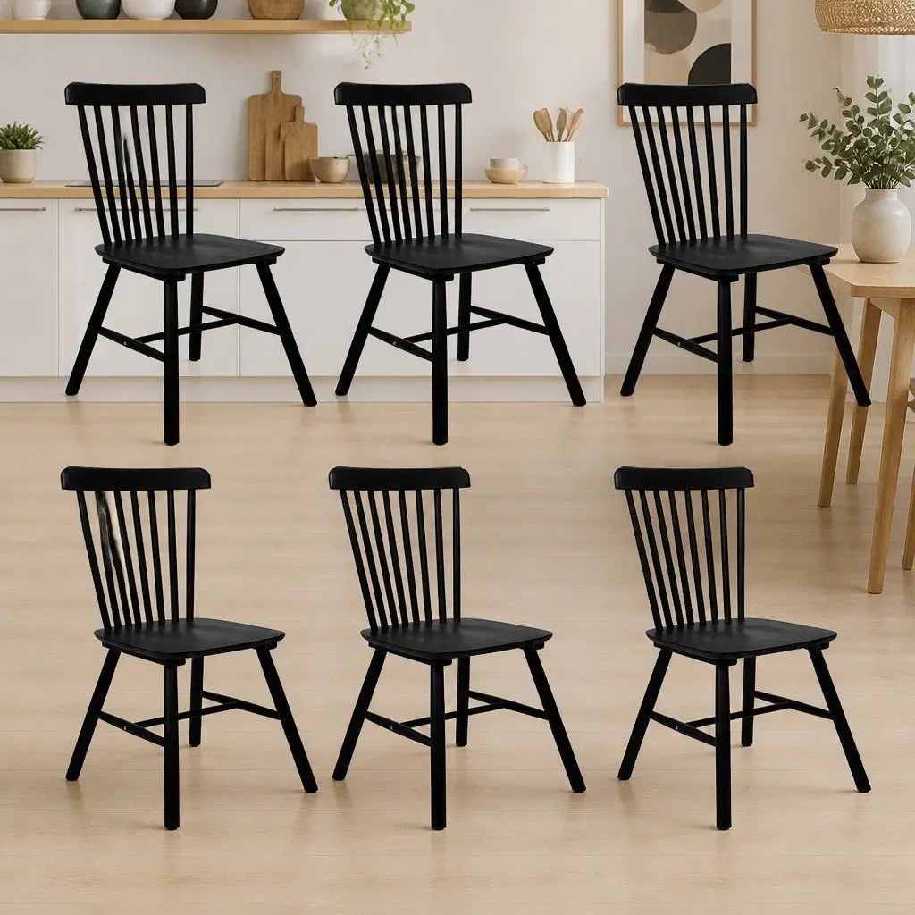 Dining Chairs Set of 6 Windsor Black Kitchen Seating Solid Wood Frame