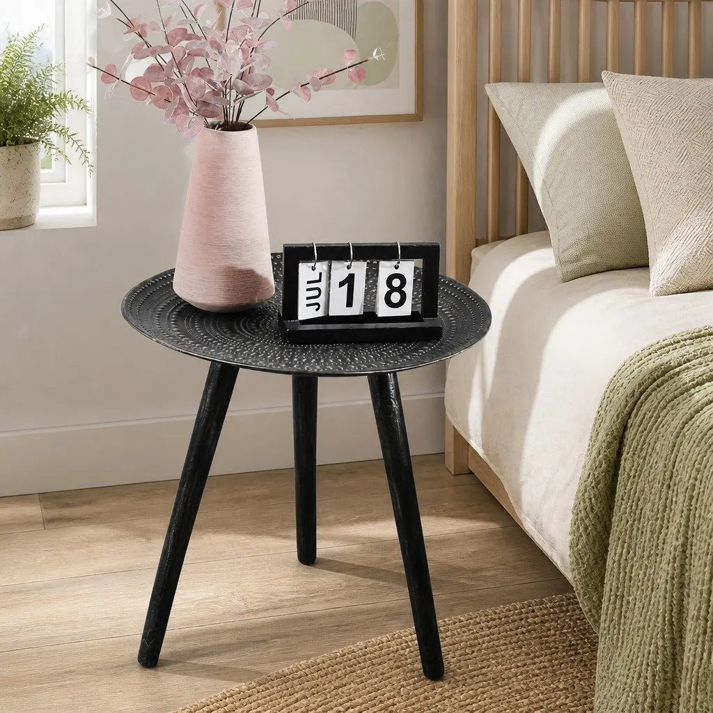 Side Table Black Composite Wood Top Solid Wood Legs Storage