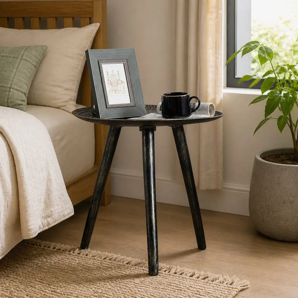 Side Table Black Composite Wood Top Solid Wood Legs Storage