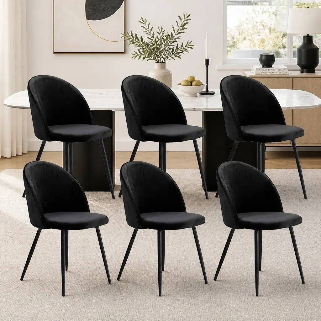 Dining Chairs Black Upholstered 6 Piece High Density Foam Padding Wide Backrest Steel Legs