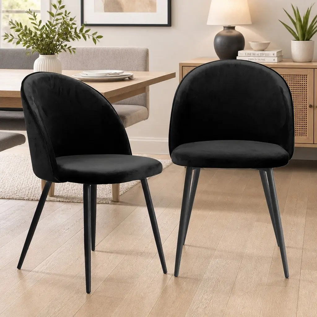 Dining Chairs Black Upholstered 6 Piece High Density Foam Padding Wide Backrest Steel Legs