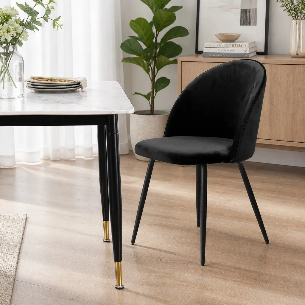 Dining Chairs Black Upholstered 6 Piece High Density Foam Padding Wide Backrest Steel Legs