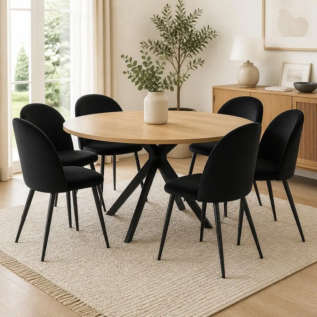 Dining Chairs Black Upholstered 6 Piece High Density Foam Padding Wide Backrest Steel Legs