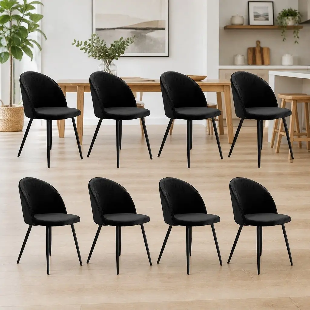 Dining Chairs Black Velvet Upholstered Ergonomic Backrest Set of 8