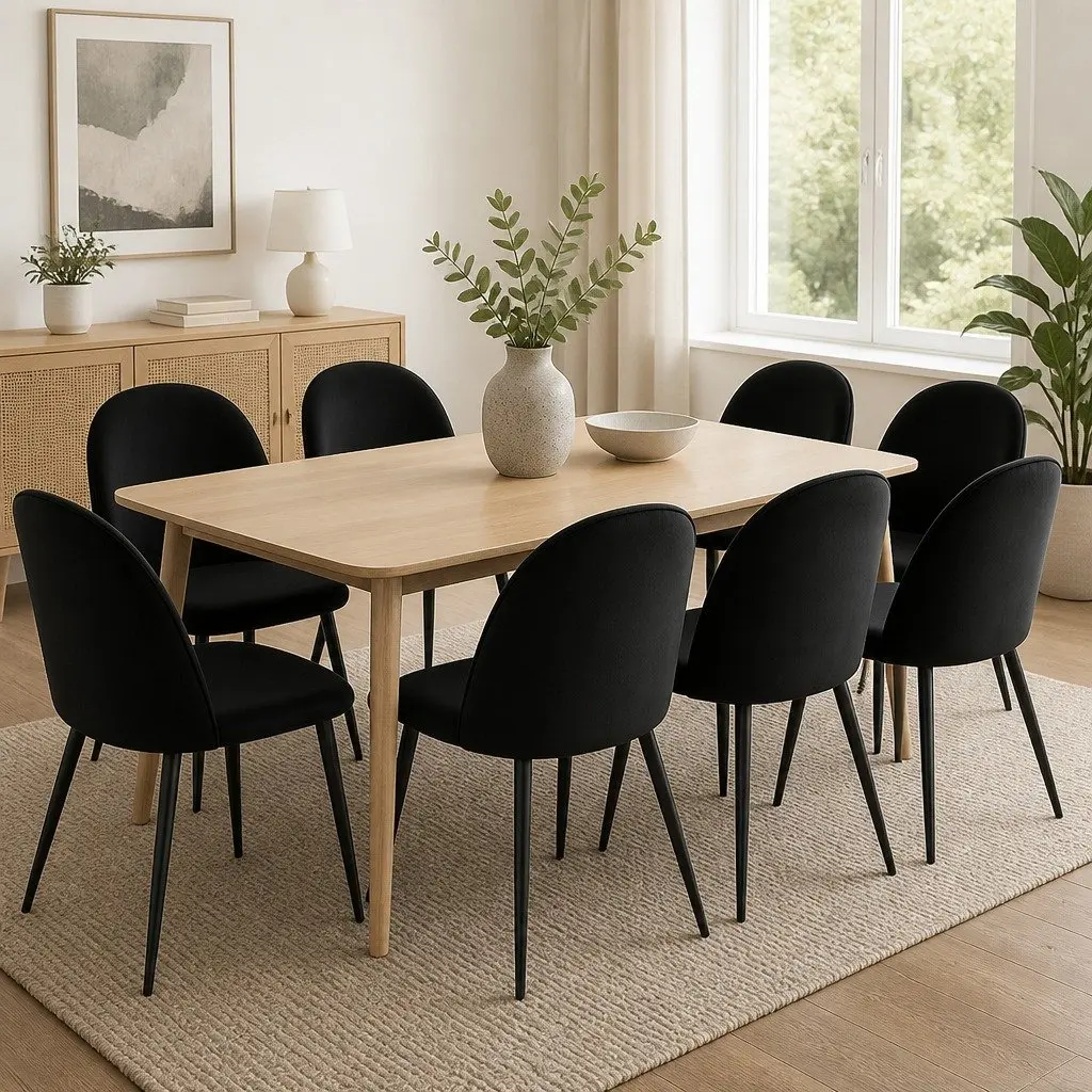 Dining Chairs Black Velvet Upholstered Ergonomic Backrest Set of 8
