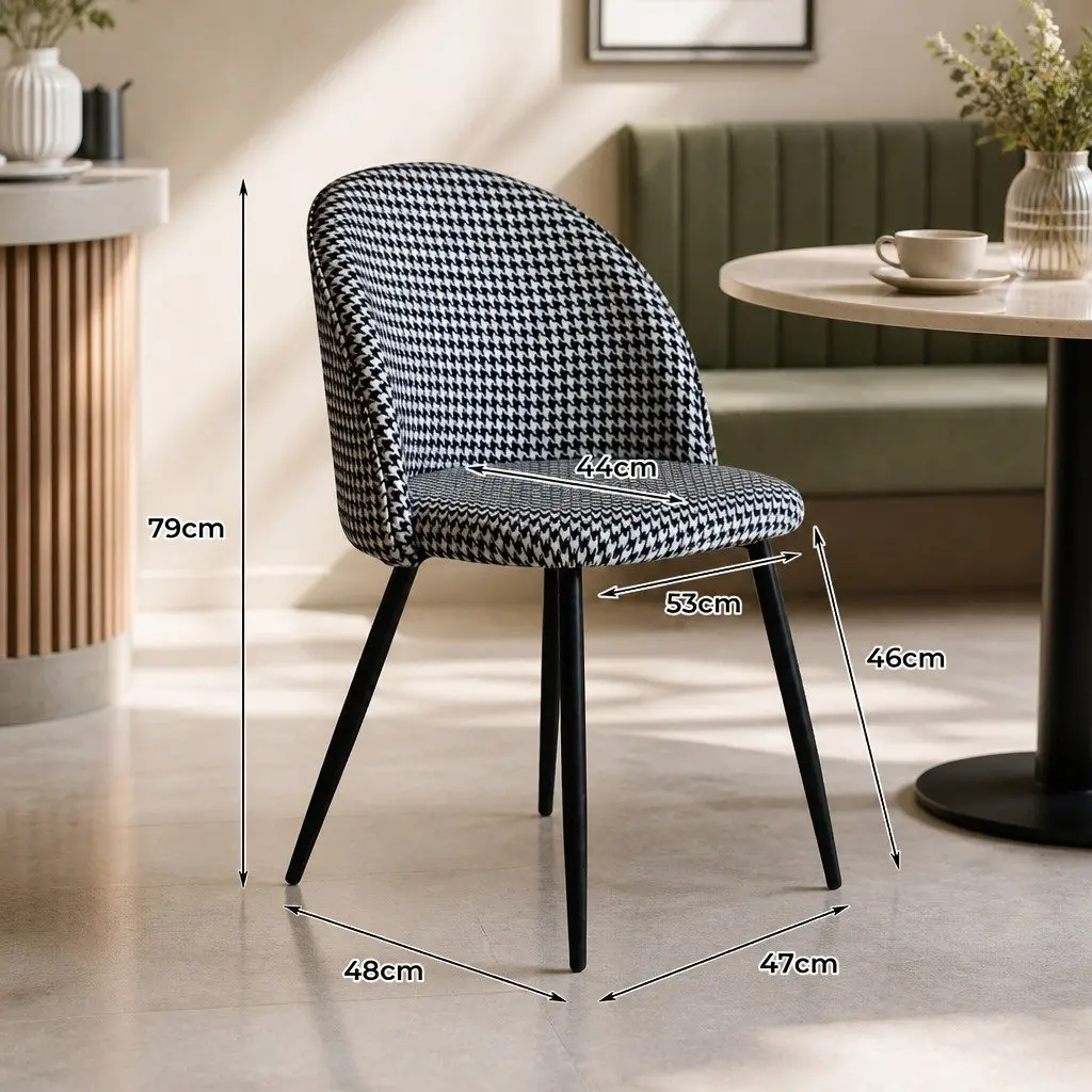Dining Chairs Black White Houndstooth Fabric Steel Frame Backrest