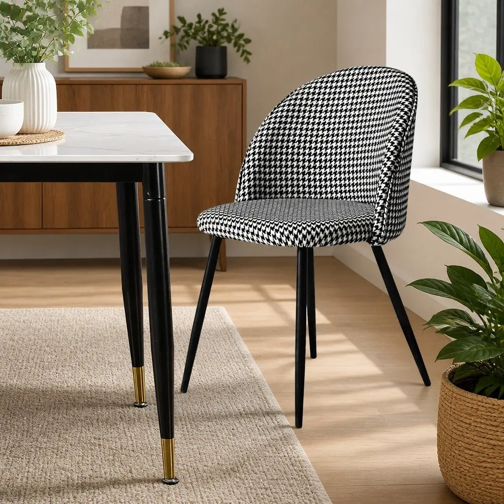 Dining Chairs Black White Houndstooth Fabric Steel Frame Backrest